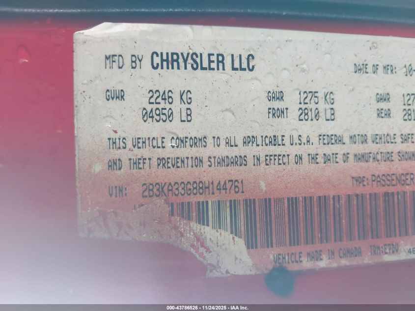 2008 Dodge Charger Sxt VIN: 2B3KA33G88H144761 Lot: 43786526