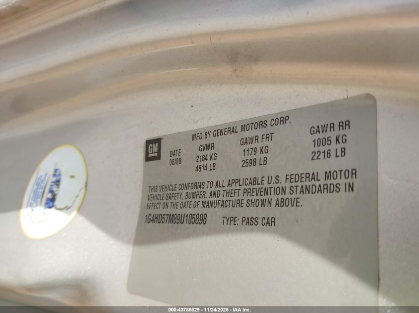 2009 Buick Lucerne Cxl-4 VIN: 1G4HD57M89U105898 Lot: 43786529