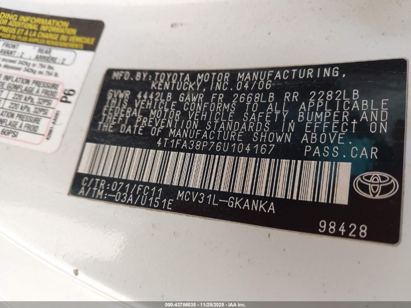 2006 Toyota Camry Solara Se VIN: 4T1FA38P76U104167 Lot: 43786535