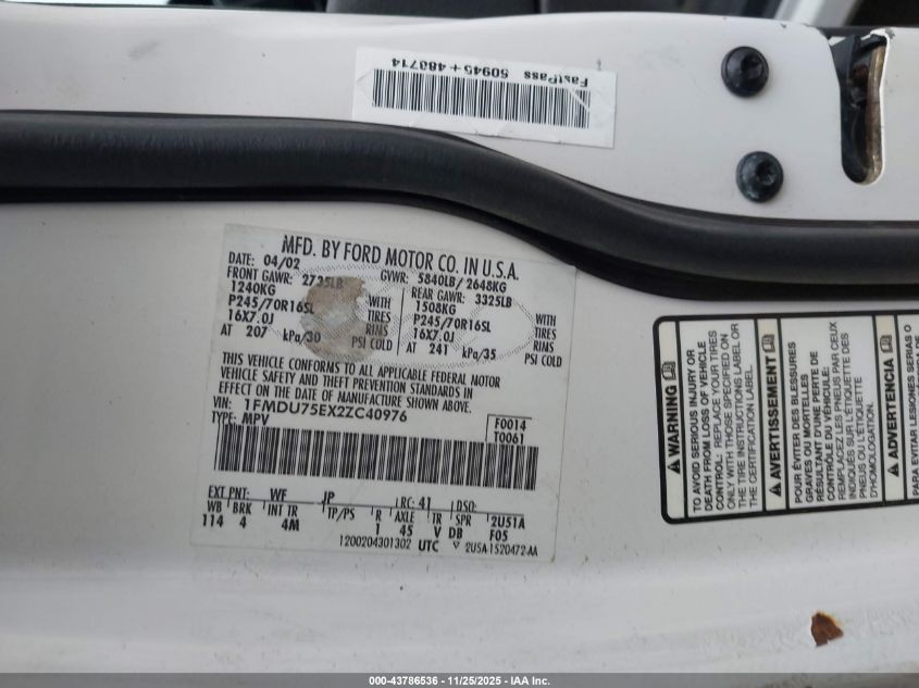 2002 Ford Explorer Limited VIN: 1FMDU75EX2ZC40976 Lot: 43786536