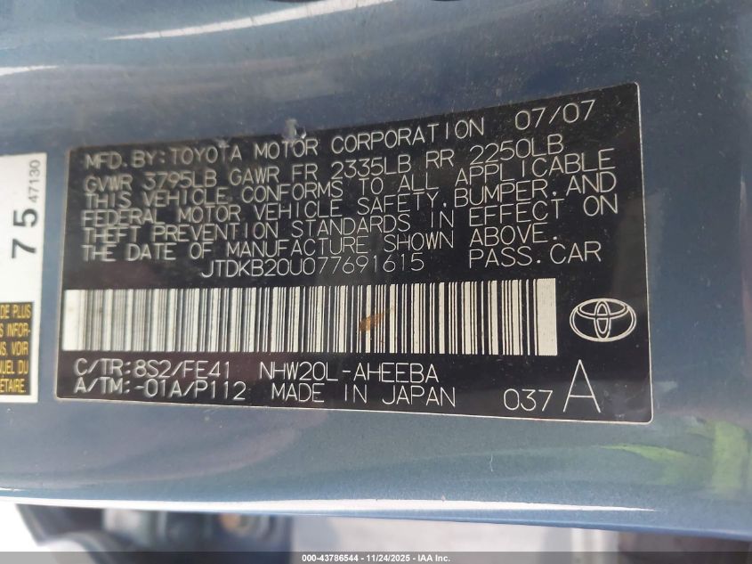 2007 Toyota Prius VIN: JTDKB20U077691615 Lot: 43786544