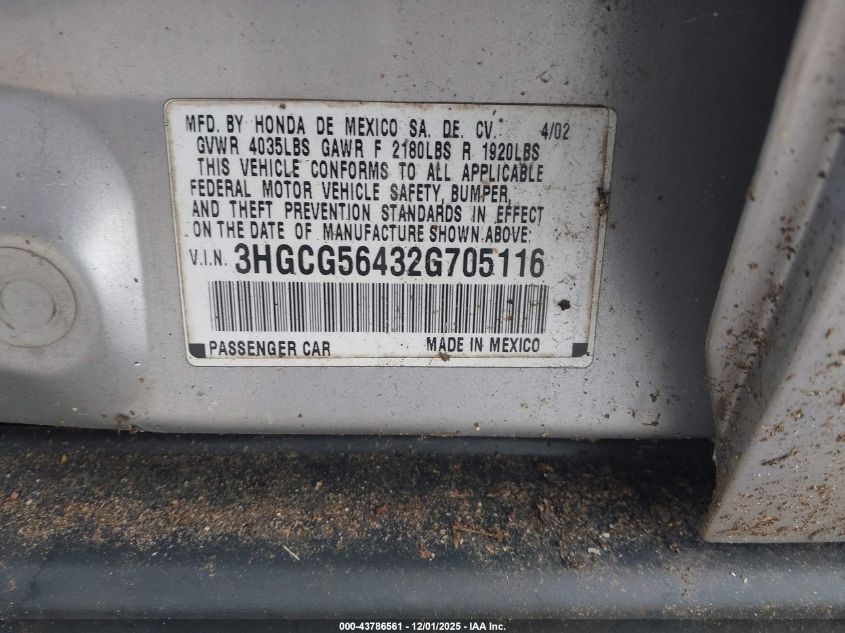 2002 Honda Accord 2.3 Lx VIN: 3HGCG56432G705116 Lot: 43786561