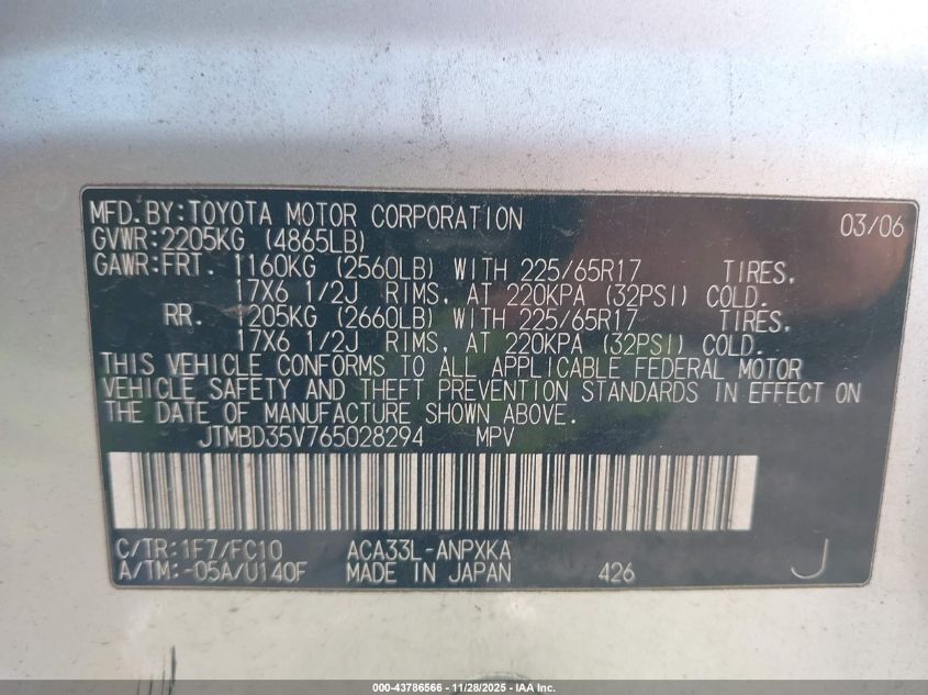 2006 Toyota Rav4 VIN: JTMBD35V765028294 Lot: 43786566