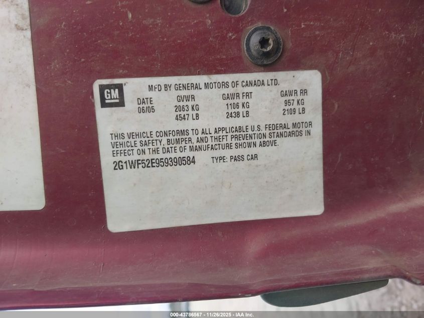 2005 Chevrolet Impala VIN: 2G1WF52E959390584 Lot: 43786567