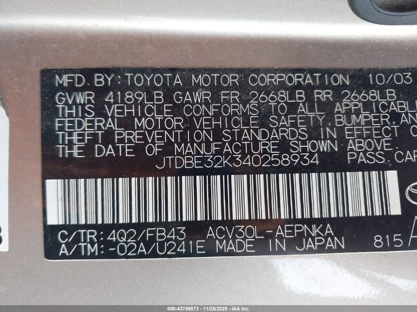 2004 Toyota Camry Le VIN: JTDBE32K340258934 Lot: 43786573