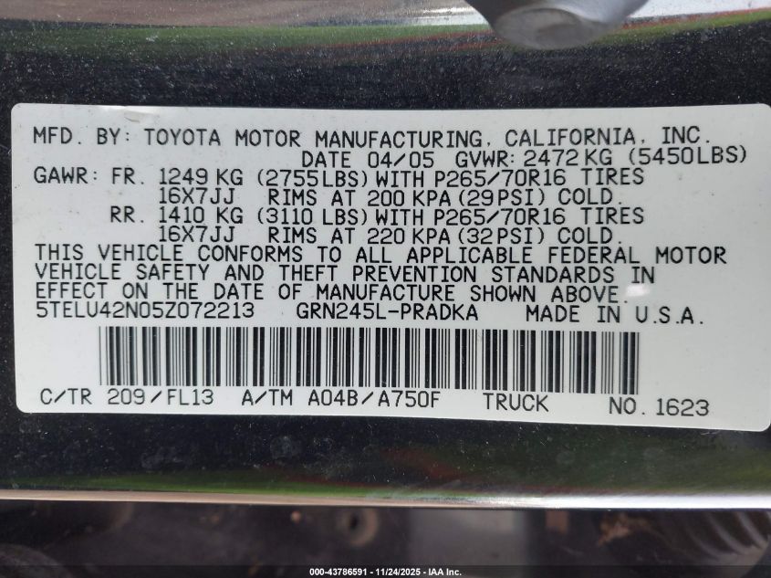 2005 Toyota Tacoma Base V6 VIN: 5TELU42N05Z072213 Lot: 43786591