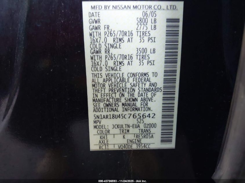 2005 Nissan Pathfinder Se VIN: 5N1AR18U45C765642 Lot: 43786593