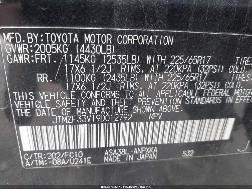 2009 Toyota Rav4 VIN: JTMZF33V19D012792 Lot: 43786597