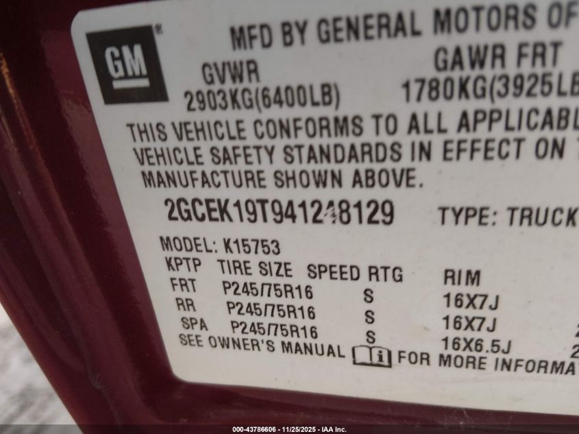 2004 Chevrolet Silverado 1500 Ls VIN: 2GCEK19T941248129 Lot: 43786606
