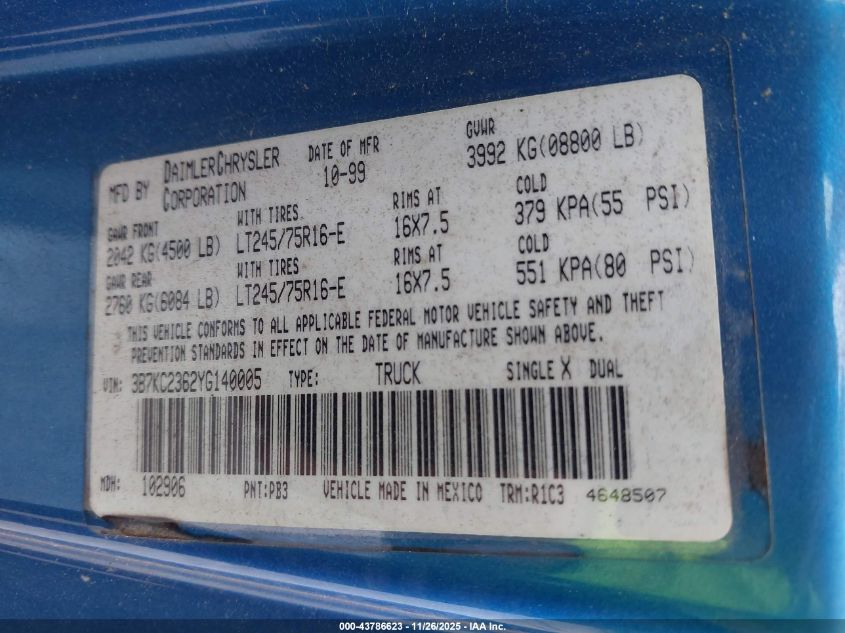 2000 Dodge Ram 2500 St VIN: 3B7KC2362YG140005 Lot: 43786623