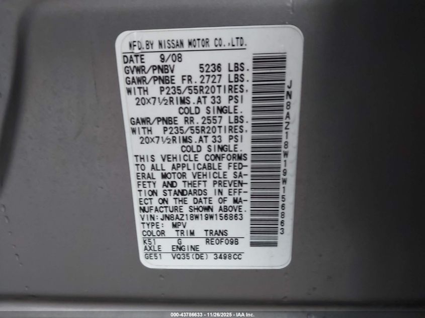 2009 Nissan Murano Le VIN: JN8AZ18W19W156863 Lot: 43786633