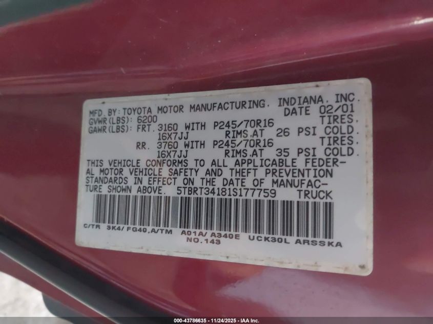 2001 Toyota Tundra Sr5 V8 VIN: 5TBRT34181S177759 Lot: 43786635