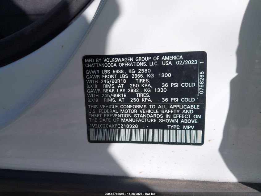 2023 Volkswagen Atlas Cross Sport 2.0T Se VIN: 1V2LC2CAXPC218328 Lot: 43786696