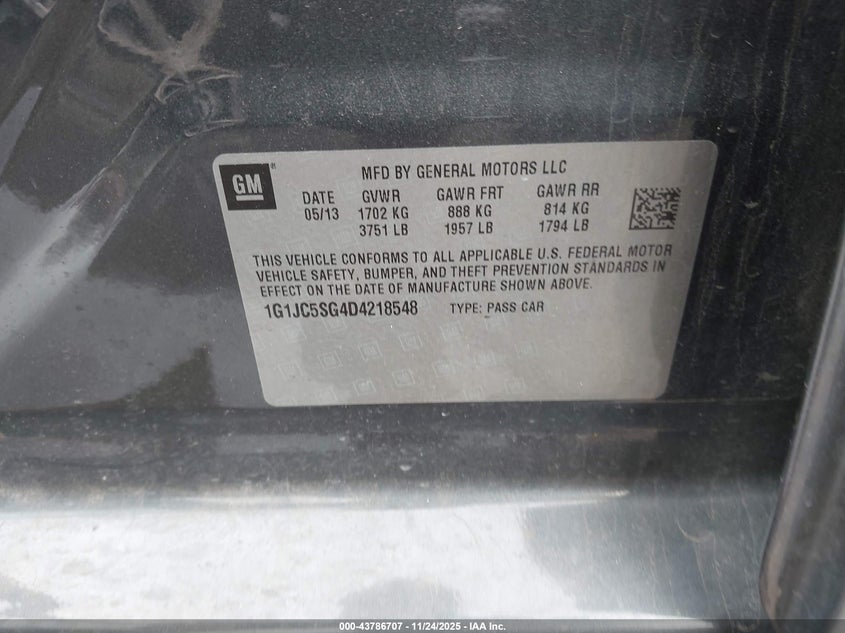 2013 Chevrolet Sonic Lt Auto VIN: 1G1JC5SG4D4218548 Lot: 43786707