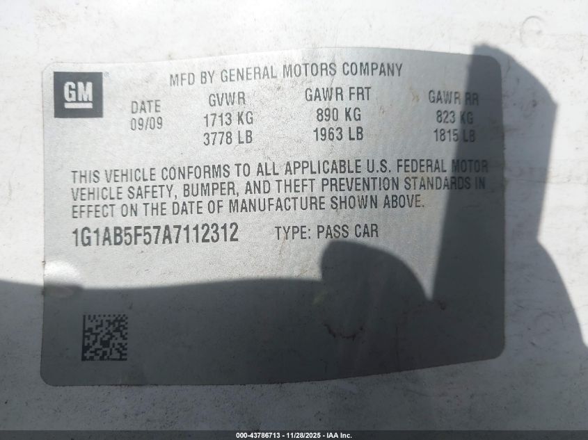 2010 Chevrolet Cobalt Ls VIN: 1G1AB5F57A7112312 Lot: 43786713