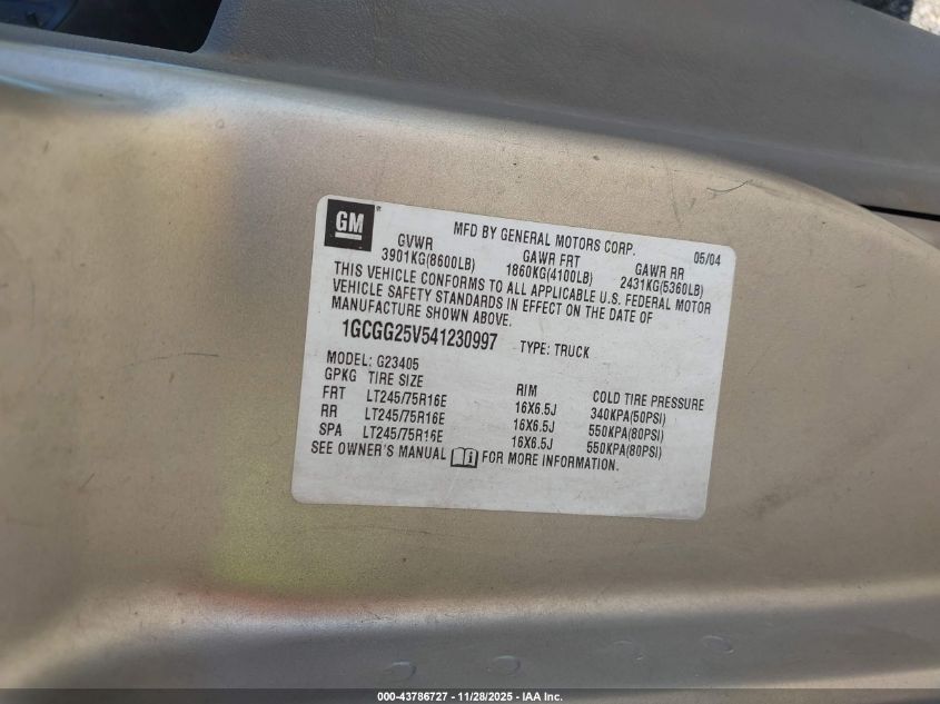 2004 Chevrolet Express VIN: 1GCGG25V541230997 Lot: 43786727