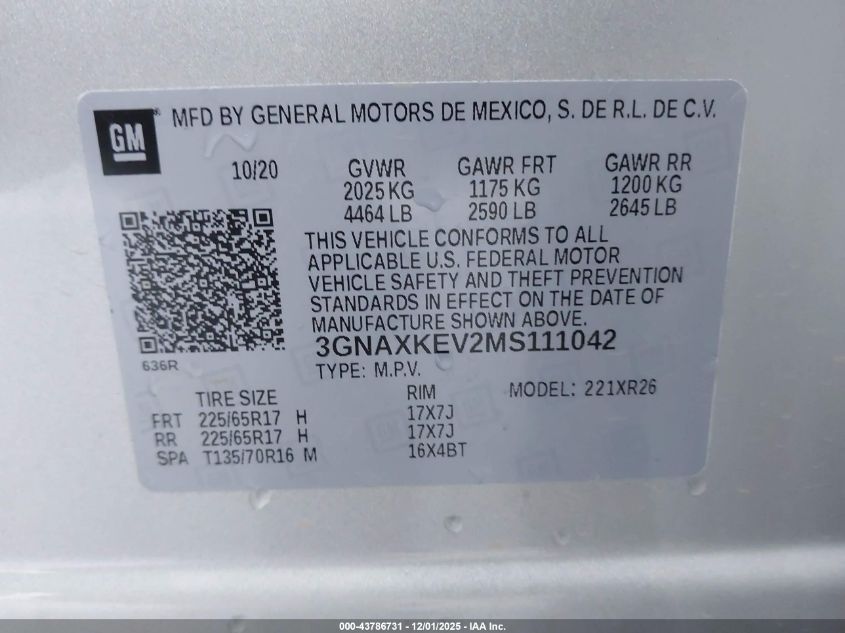 2021 Chevrolet Equinox VIN: 3DNAXKEV2MF111042 Lot: 43786731
