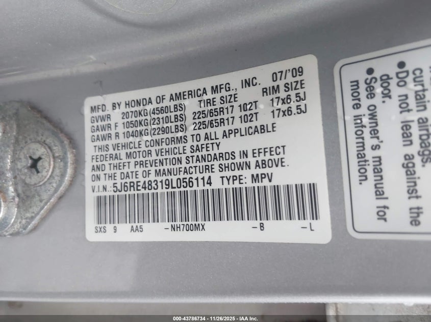 2009 Honda Cr-V Lx VIN: 5J6RE48319L056114 Lot: 43786734