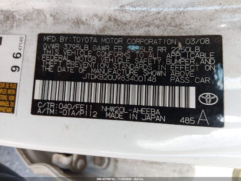 2008 Toyota Prius Touring VIN: JTDKB20U983400148 Lot: 43786752