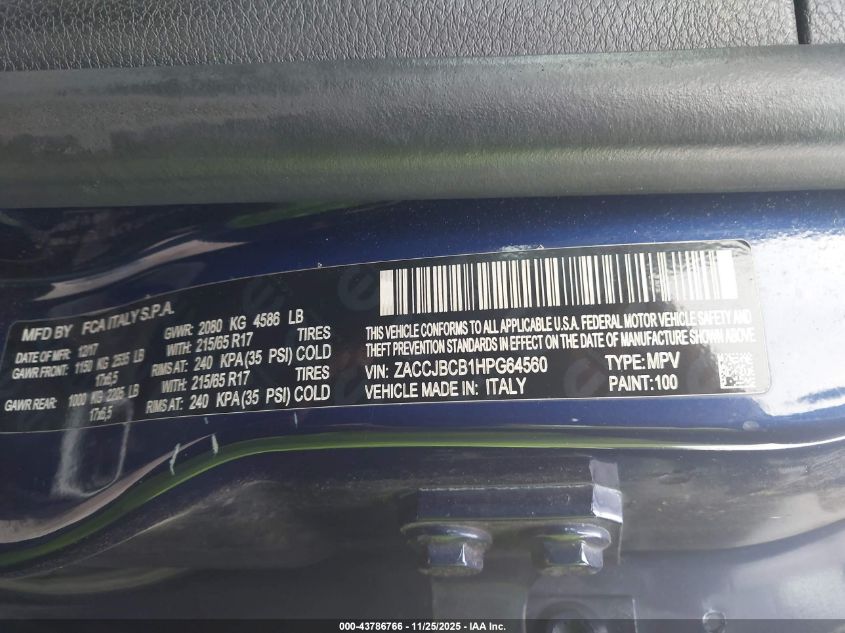 2017 Jeep Renegade Trailhawk 4X4 VIN: ZACCJBCB1HPG64560 Lot: 43786766