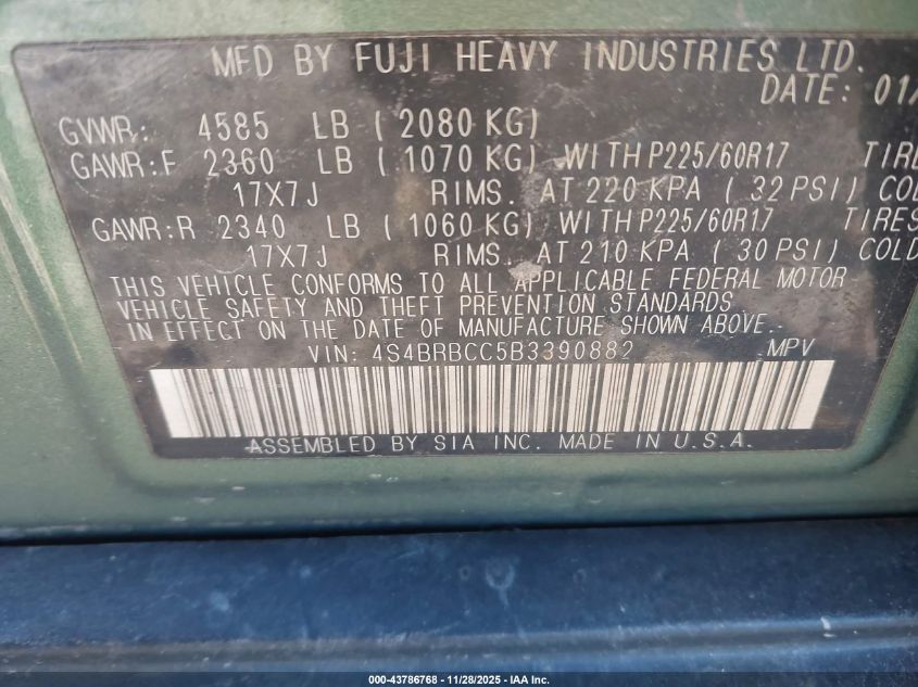 2011 Subaru Outback 2.5I Premium VIN: 4S4BRBCC5B3390882 Lot: 43786768