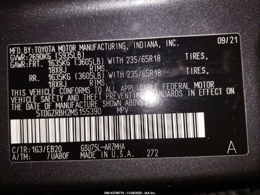 2021 Toyota Highlander Xle VIN: 5TDGZRBH2MS155390 Lot: 43786770