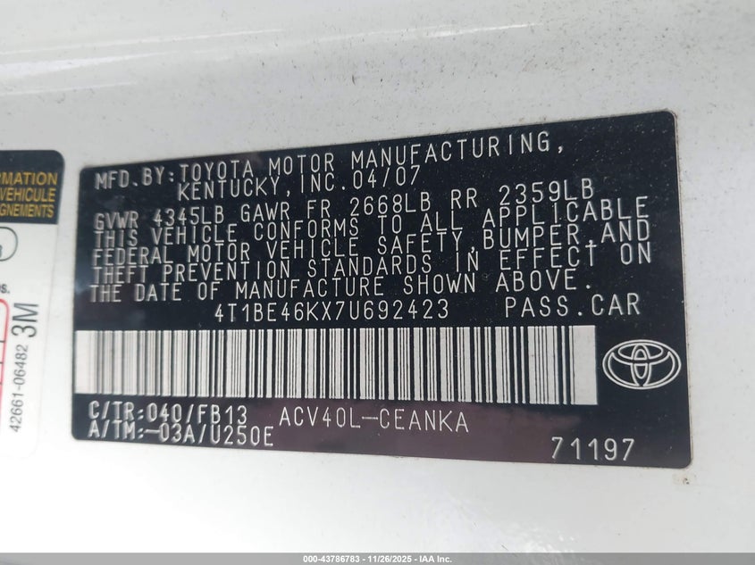 2007 Toyota Camry Le VIN: 4T1BE46KX7U692423 Lot: 43786783