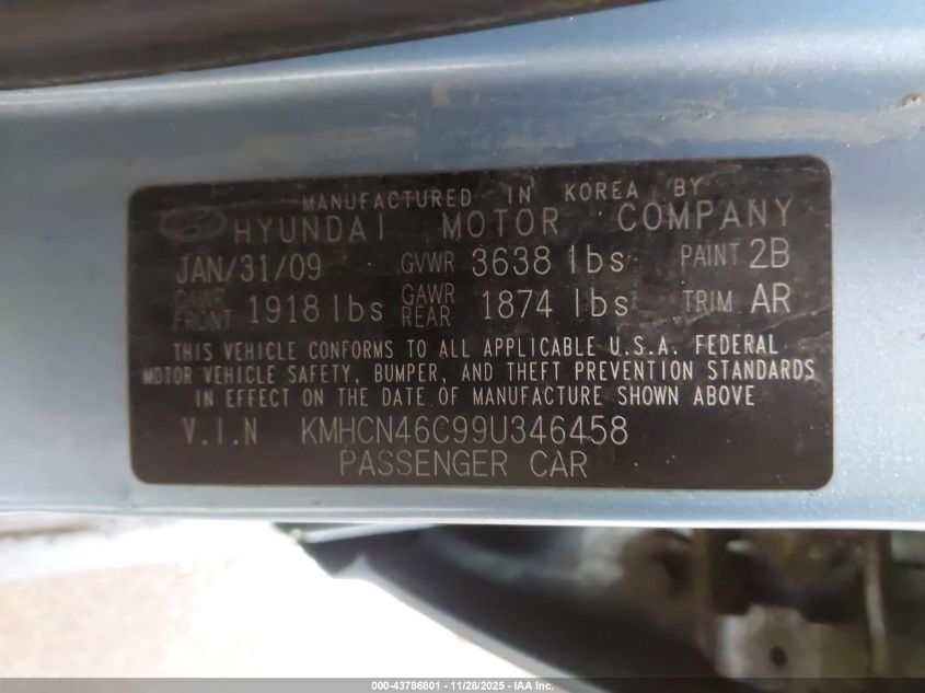2009 Hyundai Accent Gls VIN: KMHCN46C99U346458 Lot: 43786801