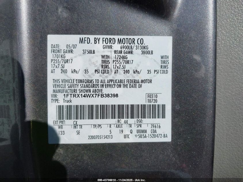 2007 Ford F-150 Fx4/Stx/Xl/Xlt VIN: 1FTRX14WX7FB38398 Lot: 43786818