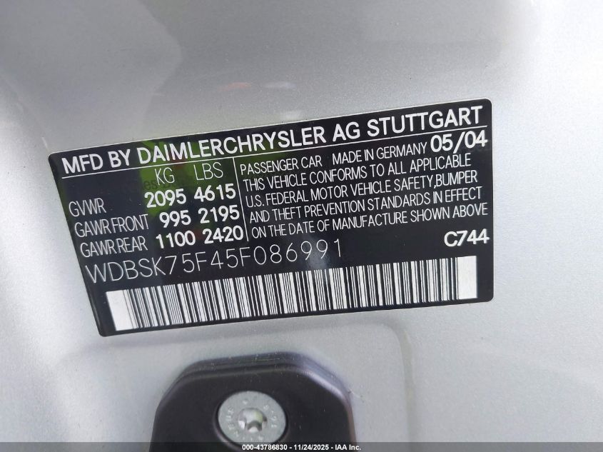 2005 Mercedes-Benz Sl 500 VIN: WDBSK75F45F086991 Lot: 43786830