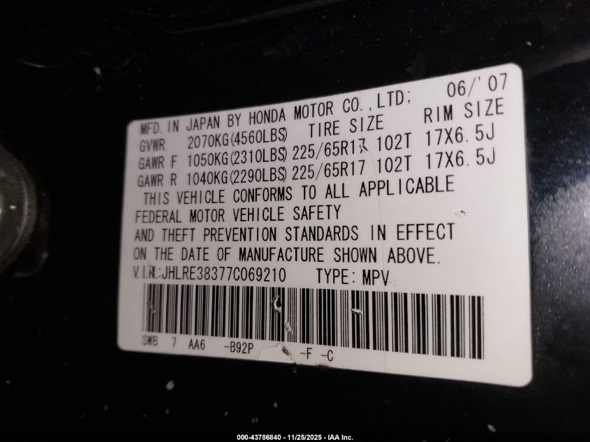 2007 Honda Cr-V Lx VIN: JHLRE38377C069210 Lot: 43786840