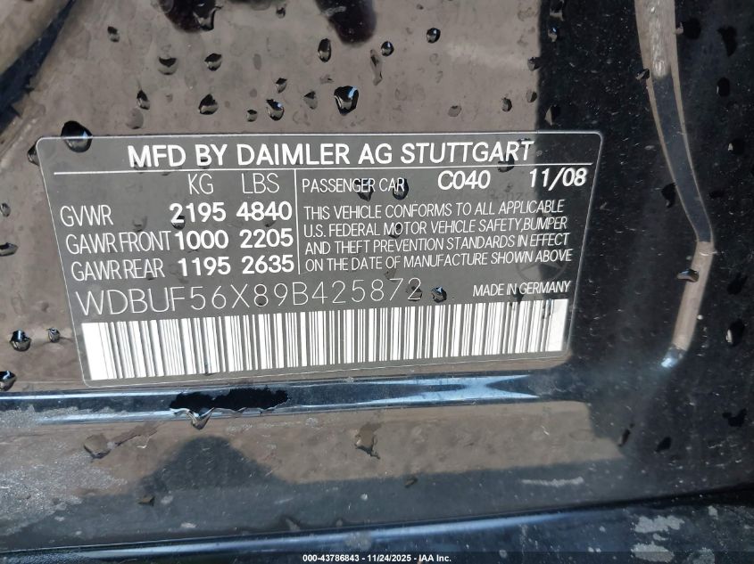 2009 Mercedes-Benz E 350 VIN: WDBUF56X89B425872 Lot: 43786843