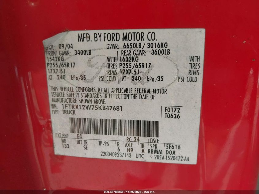 2005 Ford F-150 Stx/Xl/Xlt VIN: 1FTRX12W75KB47681 Lot: 43786846