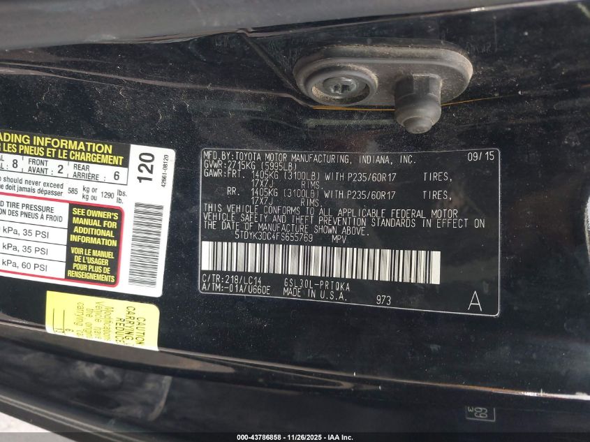 2015 Toyota Sienna Xle 8 Passenger VIN: 5TDYK3DC4FS655769 Lot: 43786858