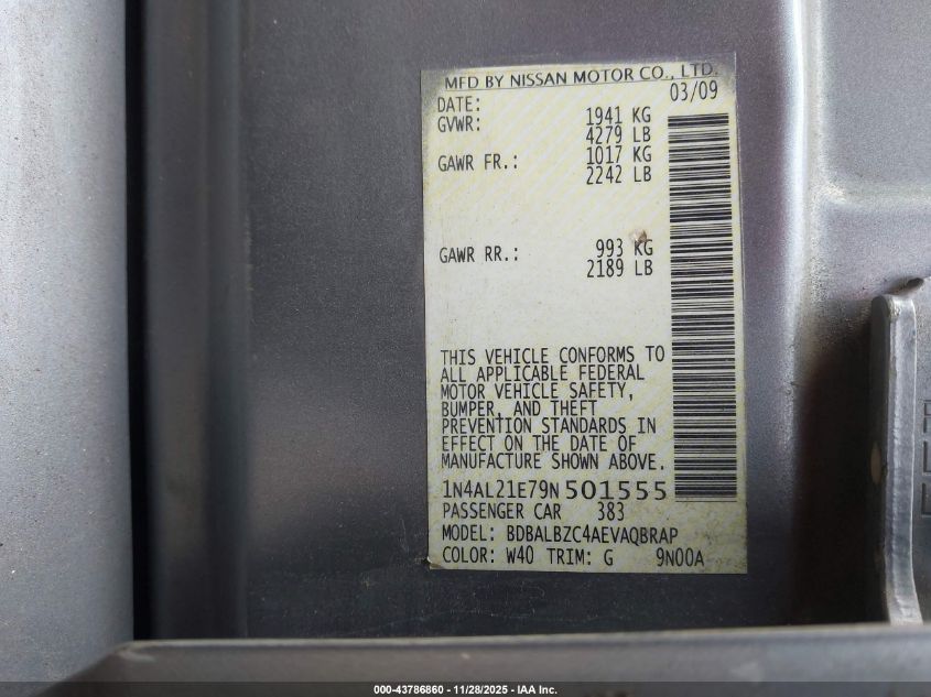 2009 Nissan Altima 2.5 S VIN: 1N4AL21E79N501555 Lot: 43786860