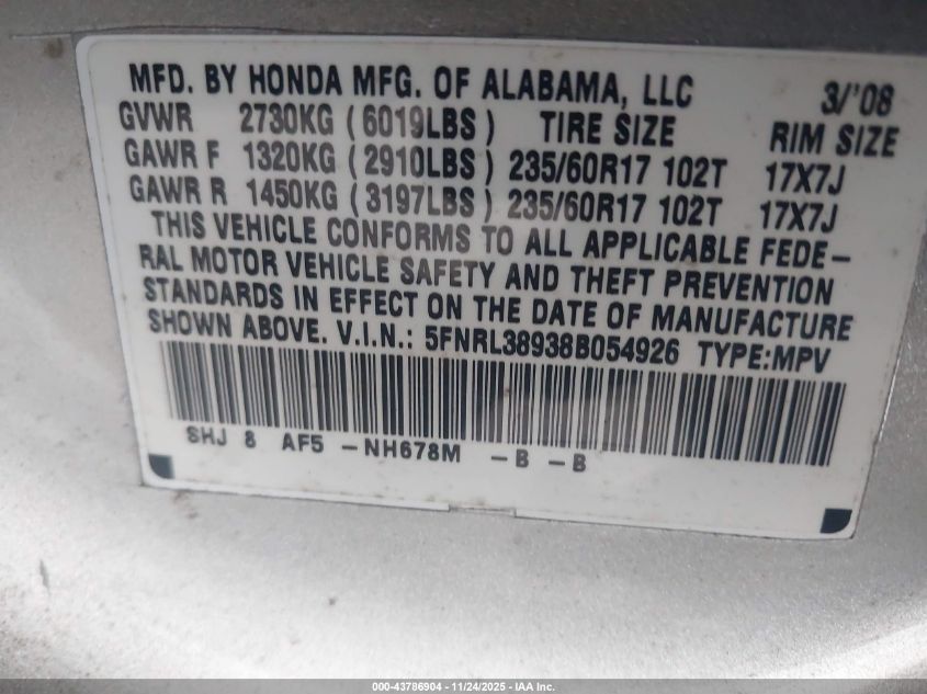 2008 Honda Odyssey Touring VIN: 5FNRL38938B054926 Lot: 43786904