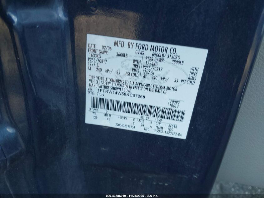 2006 Ford F-150 Xlt VIN: 1FTRW14W56KC67268 Lot: 43786919
