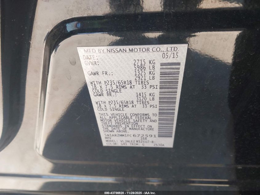 2015 Nissan Pathfinder Sv VIN: 5N1AR2MM1FC672591 Lot: 43786928