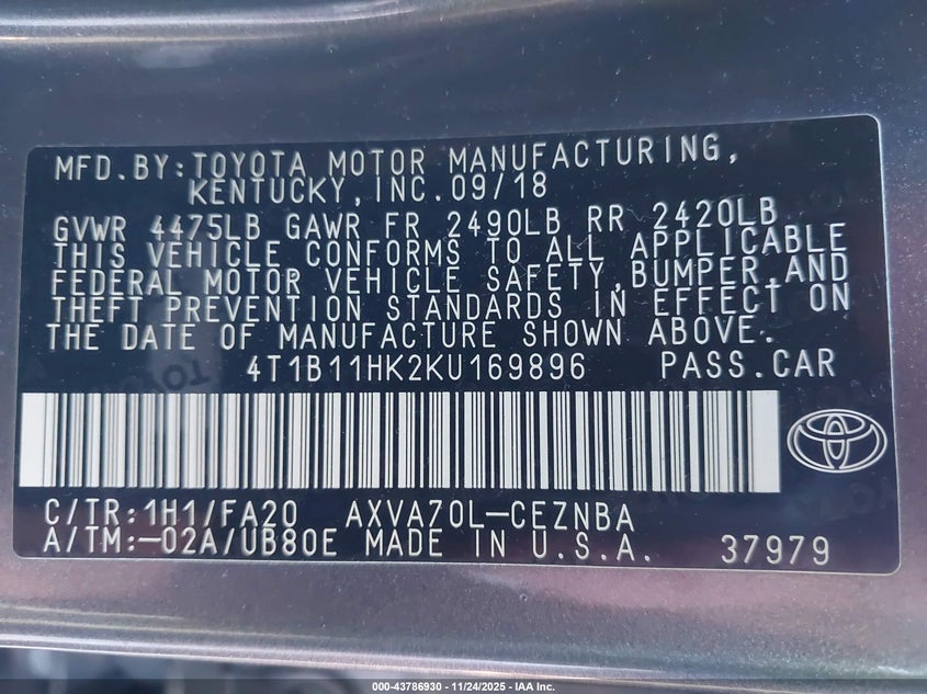 4T1B11HK2KU169896 2019 TOYOTA CAMRY photo no. 9
