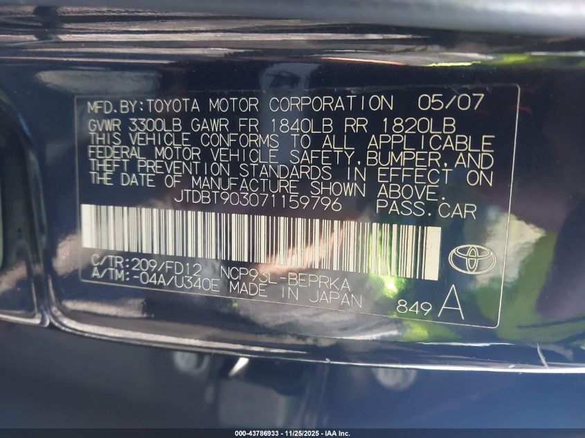 2007 Toyota Yaris VIN: JTDBT903071159796 Lot: 43786933