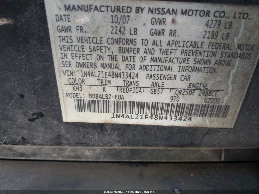 2008 Nissan Altima 2.5 S VIN: 1N4AL21E48N433424 Lot: 43786953