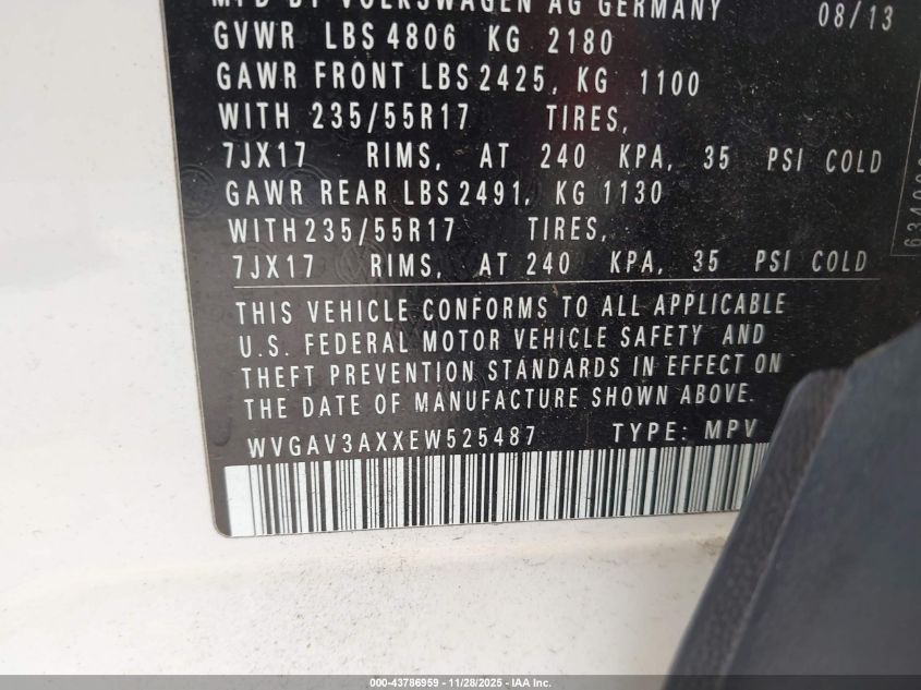 2014 Volkswagen Tiguan Se VIN: WVGAV3AXXEW525487 Lot: 43786959