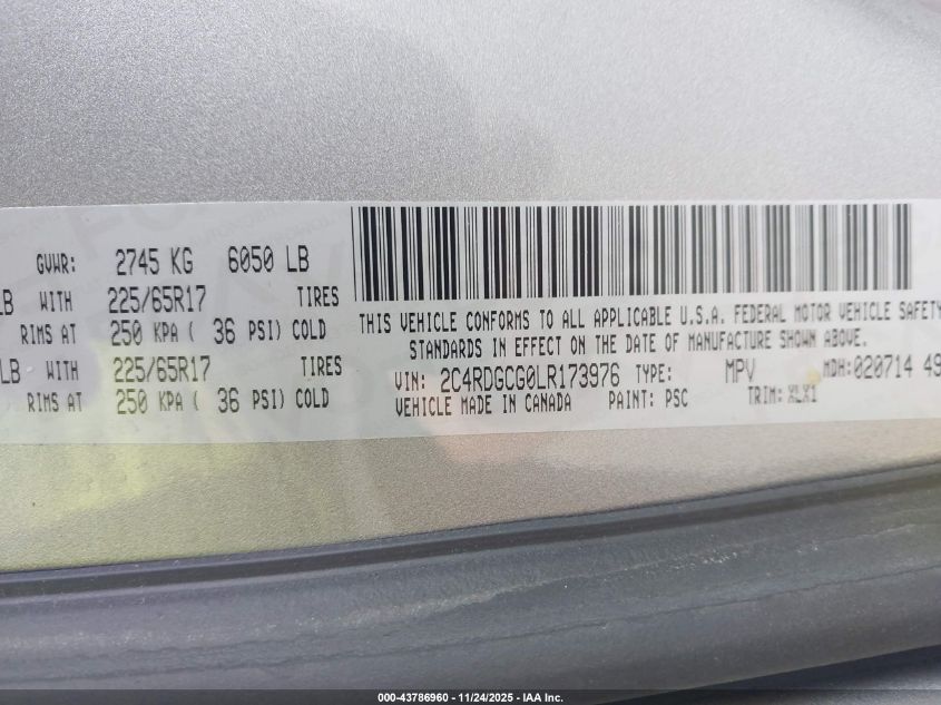 2020 Dodge Grand Caravan Sxt VIN: 2C4RDGCG0LR173976 Lot: 43786960