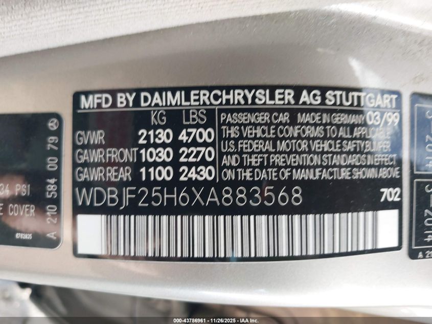 1999 Mercedes-Benz E 300 Diesel VIN: WDBJF25H6XA883568 Lot: 43786961