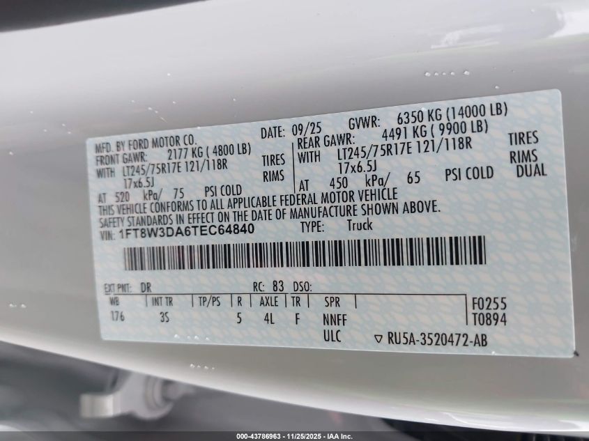 2026 Ford F-350 Xlt VIN: 1FT8W3DA6TEC64840 Lot: 43786963