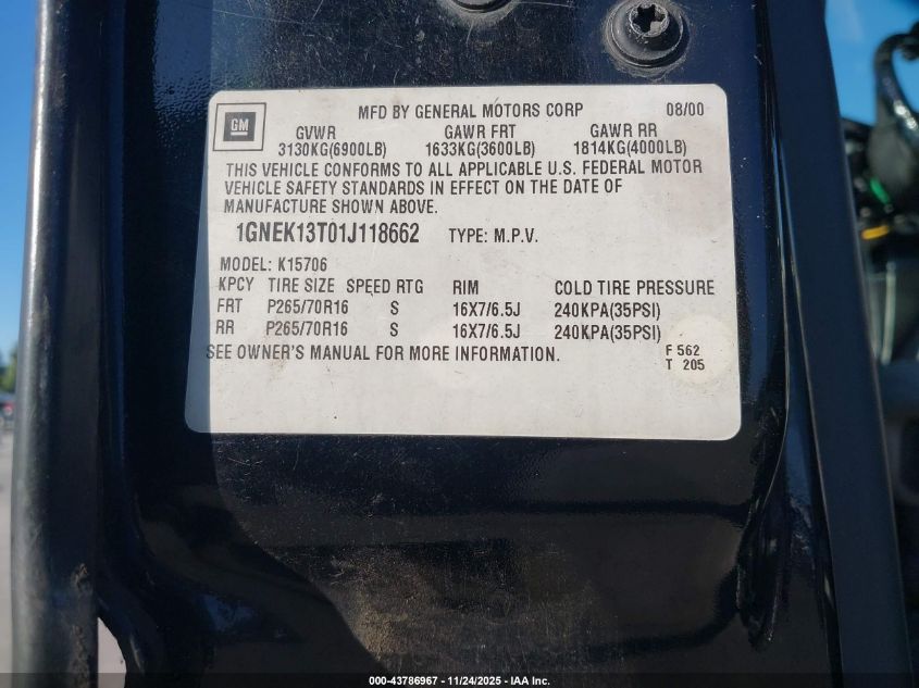 2001 Chevrolet Tahoe Lt VIN: 1GNEK13T01J118662 Lot: 43786967