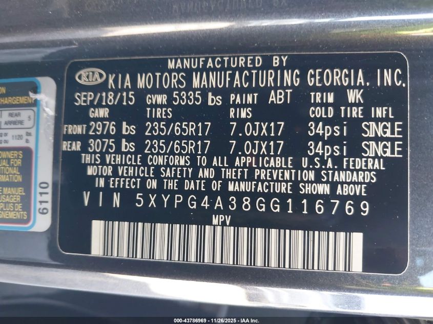 2016 Kia Sorento 2.4L Lx VIN: 5XYPG4A38GG116769 Lot: 43786969