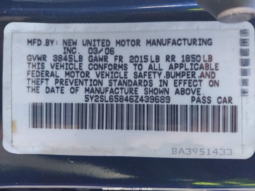 2006 Pontiac Vibe VIN: 5Y2SL65846Z439689 Lot: 43786987