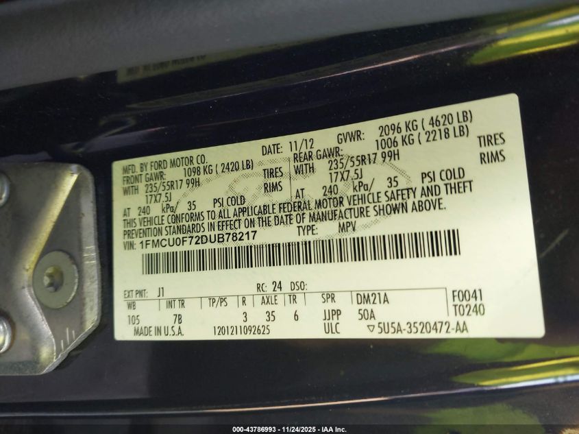 2013 Ford Escape S VIN: 1FMCU0F72DUB78217 Lot: 43786993