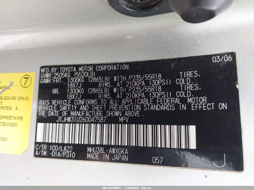 2006 Lexus Rx 400H VIN: JTJHW31U260047587 Lot: 43786997